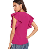 Romwe Women's Stretchy Flutter Sleeve Slim Solid Elegant Blouse Top Rose Red L