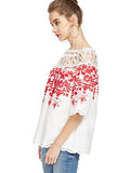 Romwe Women's Cold Shoulder Floral Embroidered Lace Scalloped Hem Blouse Top White Large