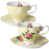 BTaT- Floral Tea Cups and Saucers, Set of 2 (Yellow - 8 oz) with Gold Trim and Gift Box, Coffee Cups, Floral Tea Cup Set, British Tea Cups, Porcelain Tea Set, Tea Sets for Women, Latte Cups