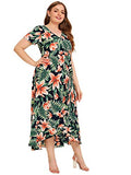 Milumia Plus Size Casual V Neck Belted Empire Waist Asymmetrical Maxi Dress Green Floral Large Plus