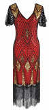 Women's 1920s Gatsby Inspired Sequin Beads Long Fringe Flapper Dress w/Accessories Set, Gold&red, Medium