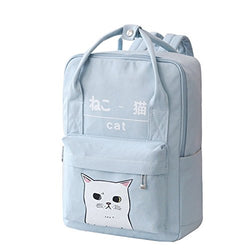 Women Girls Japanese And Korean Style Bags Kawaii Cat Canvas School Backpack (Blue)