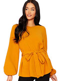 Romwe Women's Elegant Self Belted Lantern Long Sleeve Solid Ruffle Peplum Blouse Top Yellow, Bright Medium