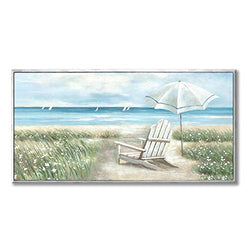 UTOP-art Meadow Seascape Canvas Wall Art: Wildflower and Chair Painting Sea Weed Artwork Greenery Grass Framed Picture for Beach House Decor (48'' x 24'')