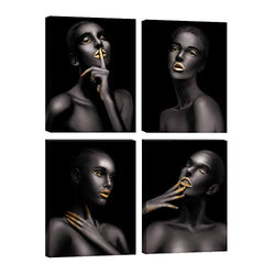 AMEMNY African American Wall Art Black Art Paintings for Wall African Fashion Pop Gold Women Canvas Wall Decor for Bedroom Living Room Black Art Gold Room Poster Framed Ready to Hang 12"x16"
