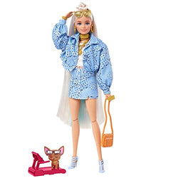 Barbie Dolls and Accessories, Barbie Extra Doll with Blue-Tipped Hair and Pet Chihuahua, Blue Paisley-Print Jacket, Toys and Gifts for Kids