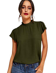 Romwe Women's Elegant Short Sleeve Mock Neck Workwear Blouse Top Shirts Army Green S