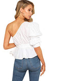 Romwe Women's One Shoulder Short Puff Sleeve Self Belted Solid Blouse White Medium