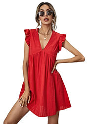Romwe Women's Plain Short Sleeve Floral Summer Floral Lace Prom Party Shift Dress Bright Red M