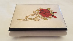 White Floral with Red Rose Italian inlaid musical jewelry box with customizable tune options