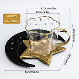 8.1 oz/240 ml Glass Coffee Cup And Ceramic Star Moon Saucer With Spoon Set Golden Handle Glass Cup Afternoon Tea Cola Juice And Water Drinks cup (black)