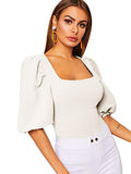 Romwe Women's Casual Puff Sleeve Square Neck Slim Fit Crop Tee Tops White Small