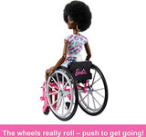 Barbie Doll with Wheelchair and Ramp, Kids Toys, Barbie Fashionistas, Curly Black Hair, Rainbow Heart Romper, Clothes and Accessories