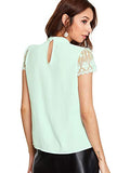 Romwe Women's Cutout Choker V Neck Lace Short Sleeve Casual Blouse Top Green Medium