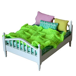 1:12 scale doll bed, dollhouse bedroom furnishing. White bed green mattress pillows blanket