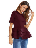 Romwe Women's Vintage Layered Ruffle Hem Slim Fit Round Neck Peplum Blouse Burgundy M