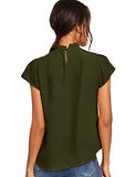 Romwe Women's Elegant Short Sleeve Mock Neck Workwear Blouse Top Shirts Army Green S