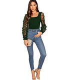 Romwe Women's Elegant Square Neck Floral Applique Mesh Sleeve Bodysuit Jumpsuit Green XS