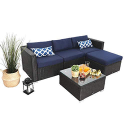 PHI VILLA 5 Piece Patio Rattan Furniture Set Outdoor Furniture Wicker Sofa Conversation Sofa Set, Navy-Blue, Low Back Design