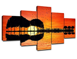 Painting Canvas Wall Art 5 Panel Guitar Shape Tree Picture Living Room Decor Modern Artwork for Wall Sunset Background Poster Giclee Prints Framed Gallery-Wrapped Ready to Hang(60''Wx32''H)