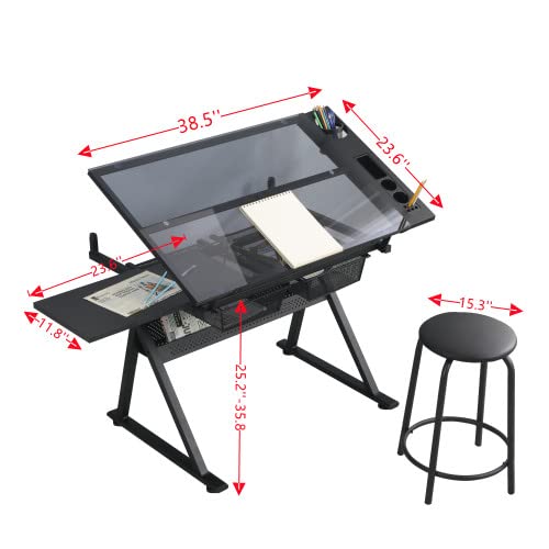 Glass Drafting Table Art Desk Adjustable Professhional Artwork Drawing Drafting  Table Desk, Glass-Topped Art Table for Craft Station Studio Home Office  School w/Drawers/Chair Black 