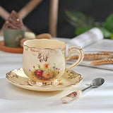 YOLIFE Flowering Shrubs Ivory Ceramic Tea cup with Saucer Set,8oz Fancy Tea Cup Floral Tea