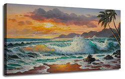 Ardemy Canvas Wall Art Beach Sunset Seawave Tropical Palm Tree Picture Prints, Blue Seascape Beach Large Size Ocean Painting Framed Panoramic for Living Room Bedroom Home Office Decor, 48"x24"
