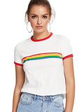 Romwe Women's Slim Fit Short Sleeve Rainbow Striped Colorblock Print Ringer Tee White L