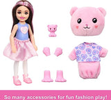 Barbie Chelsea Cutie Reveal Small Doll & Accessories, Brunette with Teddy Bear Costume, 6 Surprises (Styles May Vary)