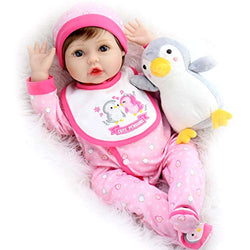 Aori Lifelike Reborn Baby Dolls 22 Inch Real Looking Newborn Baby Girl with Penguin Toy Best Birthday Set for Girls Age 3