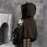 NIDOV Cute Cat Ear Crop Graphic Hoodies for Women Gothic Punk Sweatshirt Black Medium