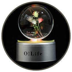 O!Life Music Box 3D Rose Crystal Ball(3.15 in) with Colorful Rotating Led Lights, 18 Melodies Musical Crystal Globe, Gifts for Women Mom Wife Girl Girlfriend on Birthday Christmas, Office Desk Decor