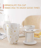 immaculife Tea Cup with Infuser and Lid Ceramic Tea Mug with Lid - Teaware with Filter 15oz, Platinum Print