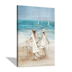 Abstract Beach Lady Painting Picture: Coastal Artwork Women & Bicycle Hand Painted Textured Wall Art for Bed Room ( 36” x 24” x1 Panel )