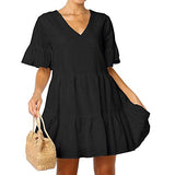 Ulanda-Dresses for Women, Women's Casual Dresses Summer Flowers Bell Sleeve Ruffle Hem Loose Swing Tunic Midi Dress