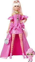 Barbie Extra Fancy Doll in Pink Glossy High-Low Gown, with Pet Puppy, Extra-Long Hair & Accessories, Flexible Joints, Toy for 3 Year Olds & Up