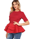 Romwe Women's Vintage Layered Ruffle Hem Slim Fit Round Neck Peplum Blouse Dark Red M