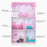 BABLE Wooden Dollhouse & Play Kitchen 2 in 1, Double-Sided, Kids Kitchen Playset, Play Kitchen for Toddlers with 13-Pc Furniture and 2-Pc Kitchen Accessories Set, Pink / White