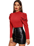 Romwe Women's Elegant Mock Neck Keyhole Back Leg-of-Mutton Long Sleeve Blouse (X-Large, Red#)