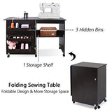 NSdirect Sewing Table, Folding Sewing Craft Cart&Sewing Cabinet Miscellaneous Sewing Kit Art Desk with Storage Shelves and Lockable Casters,Brown