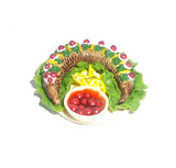 Stuffed pike, fish on a platter with cranberry sauce. Reallistic Dollhouse miniature 1:12