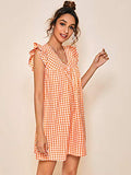 Romwe Women's V Neck Ruffle Smock Summer Boho Dress Top Orange and White S