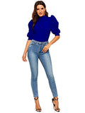 Romwe Women's Puff Half Sleeve Mock Neck Keyhole Back Slim Fit Blouse Tops Blue L