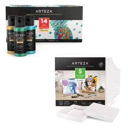 Arteza Pearlescent Acrylic Paint Set of 14, 2 fl oz Bottles and Arteza DIY Frame Canvases for Painting, 5 Sheets, 9 x 9 inches - Folded, Art Supplies for Acrylic and Oil Painting and Drawing