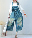 YESNO P91 Women Strap Rompers Jumpsuits Denim Casual Bib Pants Embroidery Distressed Boyfriend Wide Leg (L, P91Typ1 Blue)