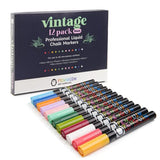 Liquid Chalk Markers Set of 12 Vintage Colors - 3mm Fine Tip Chalk Markers with Bonus 30 Chalk Stickers Bundle with 12 Fine Tip Chalk Pens (3mm) + 24x Chalkboard Stickers
