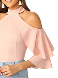 Romwe Women's Cute Cold Shoulder Ruffle Half Sleeve Slim Fit Blouse Tops Pink X-Small