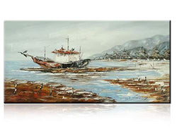 100% Hand Painted 3D Paintings Wall Art Grey Abstract Seascape Painting Large Size Picture, Modern Landscape Sail Boat in Ocean Artwork Framed for Living Room Bedroom Home Office Decor (24x48inch)