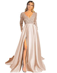 Fanciest V Neck Long Sleeve Champagne Prom Dresses with Slit Sequin Satin Formal Evening Gowns Plus Size US20W