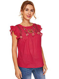 Romwe Women's Sleeveless Floral Embroidery Ruffle Summer Boho Blouse Top Red L